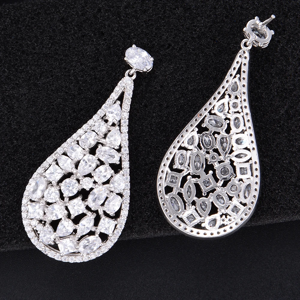 

High Quality Fashion Waterdrop Teardrop Hollow CZ Drop Dangle Long Earrings For Women Wedding Bridal Jewelry korean fashion