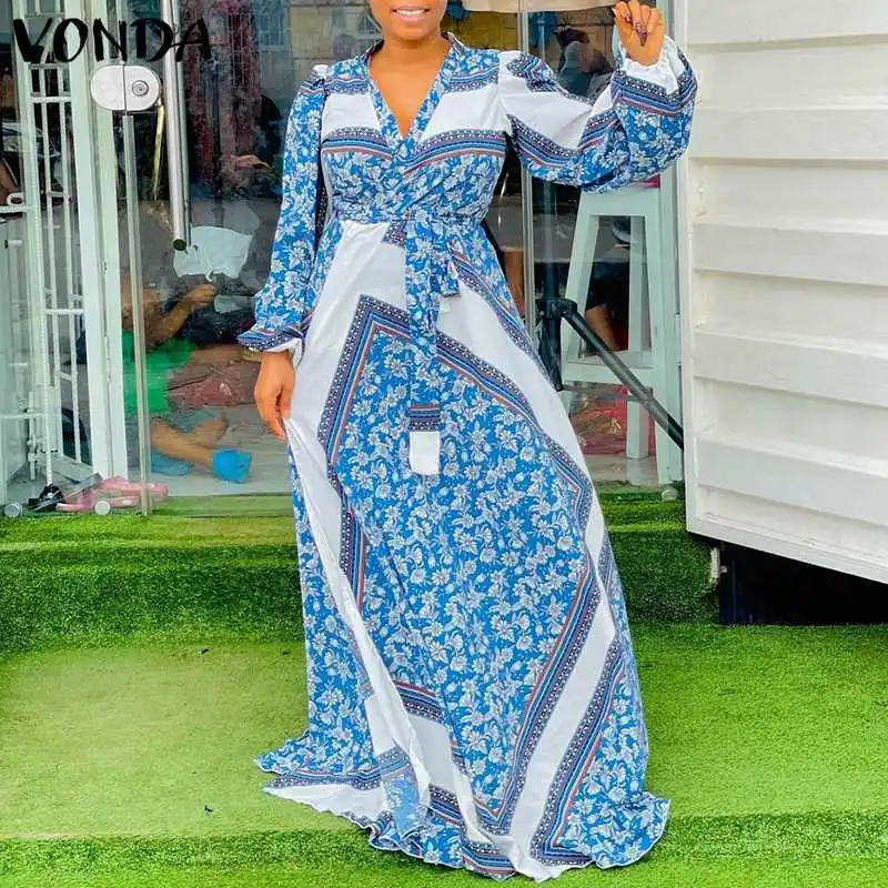 

VONDA 2021 Women Sexy V Neck Long Sleeve Long Maxi Dress Vintage Printed Robes Femme Longue Bohemian Vestidos Oversized Robes