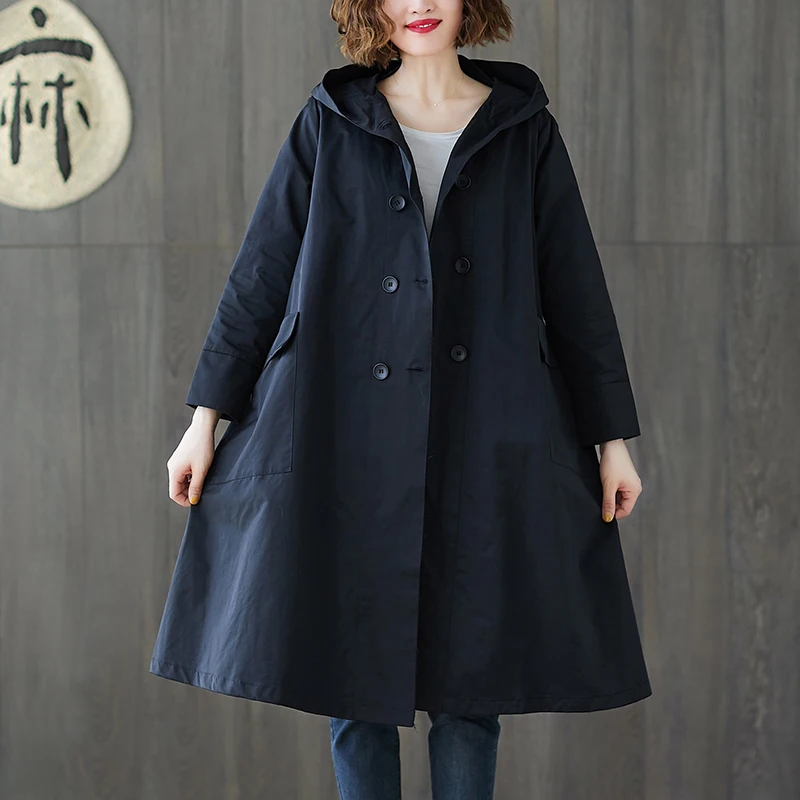 

Autumn new windbreaker loose large size Cotton double-breasted hooded women's mid-length fashion waistband wild trench coat D79