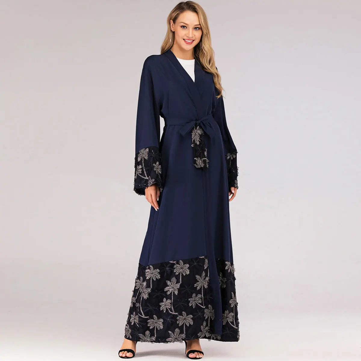 Women's Fashion Loose Muslim National Style Robe Mesh Stitching Embroidery Cardigan Blue | Тематическая одежда и