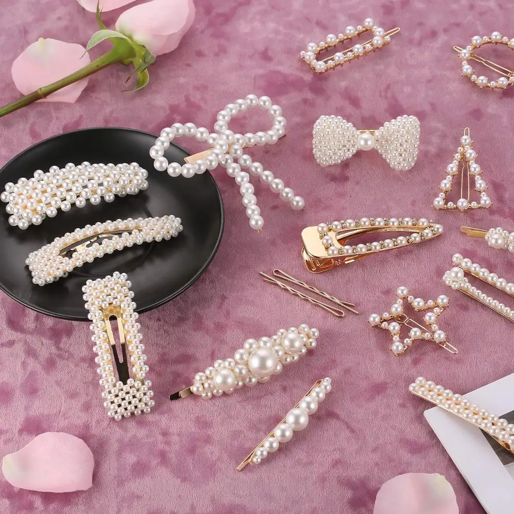 

Random 15 Pcs/lots Fashion Pearl Hair Clips For Women Korean Barrettes Geometric Water Drop Duckbill Hairpins Hair Accessories