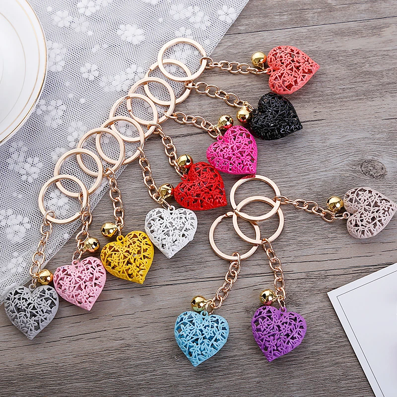 

Cute Hollow Lace Heart Bell Pendant Keychains Women Key Chain Car Keyring Holder Charm Bag Accessories Valentine's Day Girl Gift