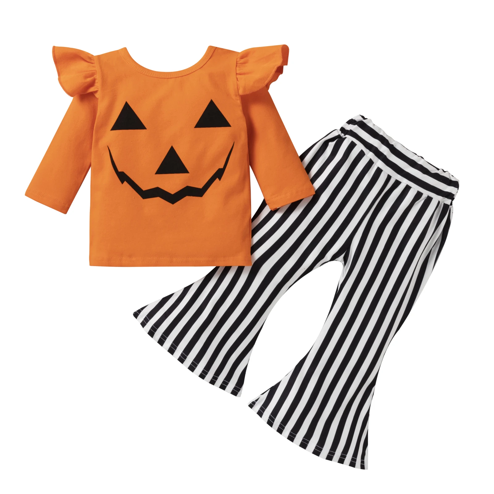

2021-08-03 Lioraitiin 1-6Years Toddler Girls 2Pcs Halloween Outfits Long Sleeve Ruffle Pumpkin Tops Striped Flare Pants Set