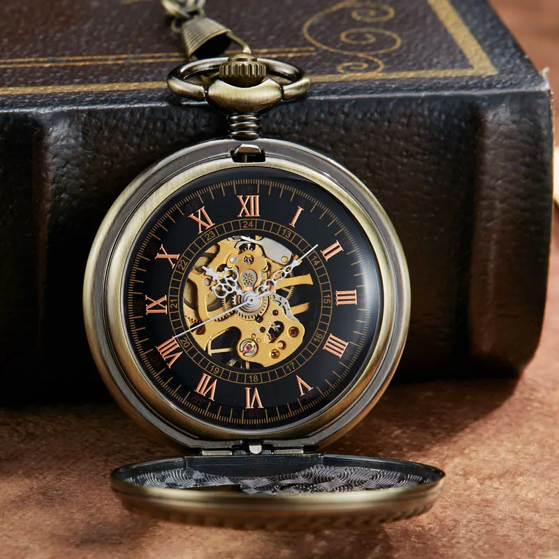 Vintage Mechanical Pocket Watch Hollow Phoenix Bird Roman Skeleton Clock Hand Winding Men Fob Chain Watches Double Case Clock