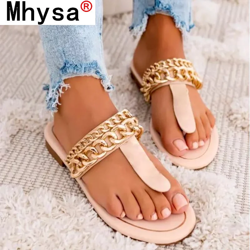 

2021 Summer New Women's Casual Clip Toe Flat Sandals Metal Chain Decoration Fashion Beach Open Toe Comfortable Slippers 35-43
