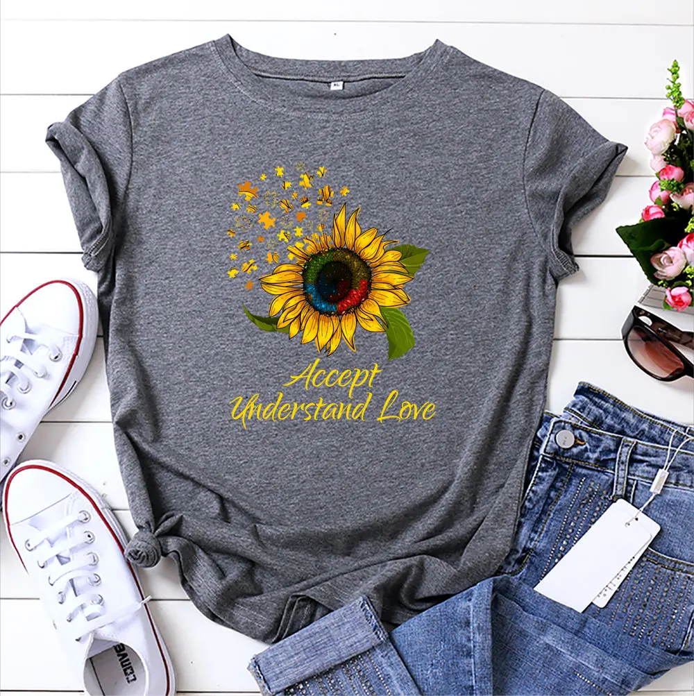 

Sunflower Print Shirt Cute Graphic Tees Short Sleeve Cotton T-Shirt 5XL Oversized Summer Casual Round Neck Tees Tops for Women