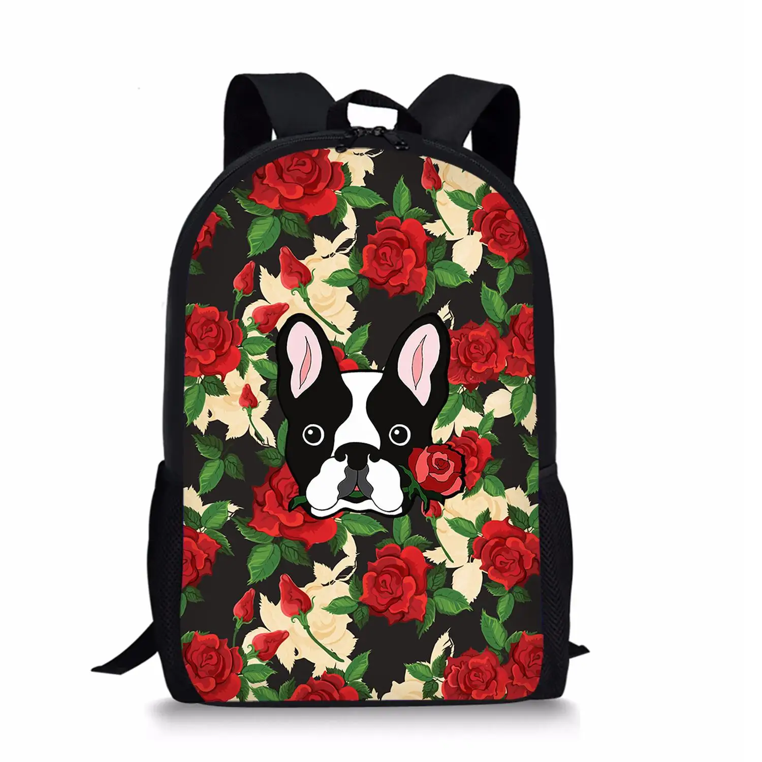 Школьный ранец с французским бульдогом для девочек, повседневные сумки для книг с принтом цветов и животных, Детский рюкзак из полиэстера д...