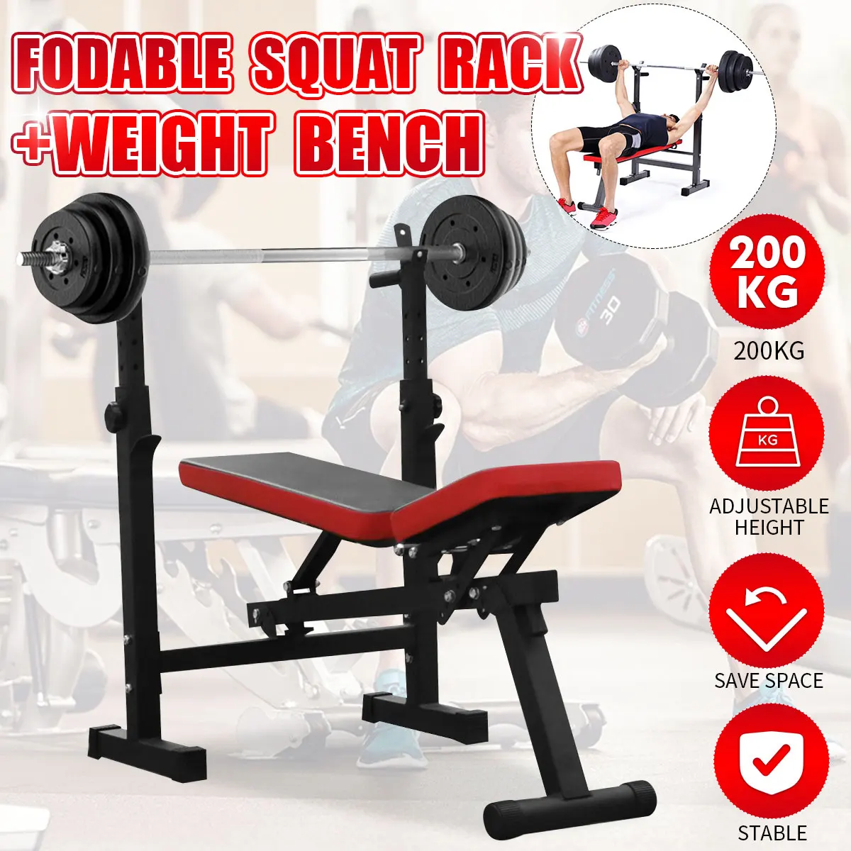 

Adjustable Folding Sit Up Bench Strength Training Tool Barbell Squat Rack With Bench Multifunction Home Gym Fitness Equipment