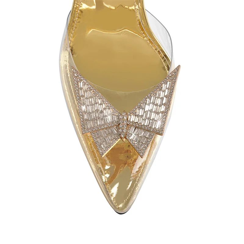 Richealdiana – escarpins à bout pointu en métal Transparent, escarpins à talons aiguilles, en PVC, avec fermoir papillon, chaussures de décoration en métal