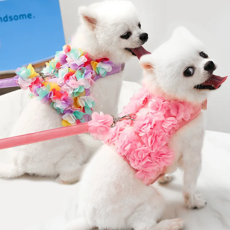 3D Flowers  Small Dog Harness Vest Leash Suit Arnes Perro Pitbull Puppy Harness Chain Beagle Medium Dog Cats Pet Accessories