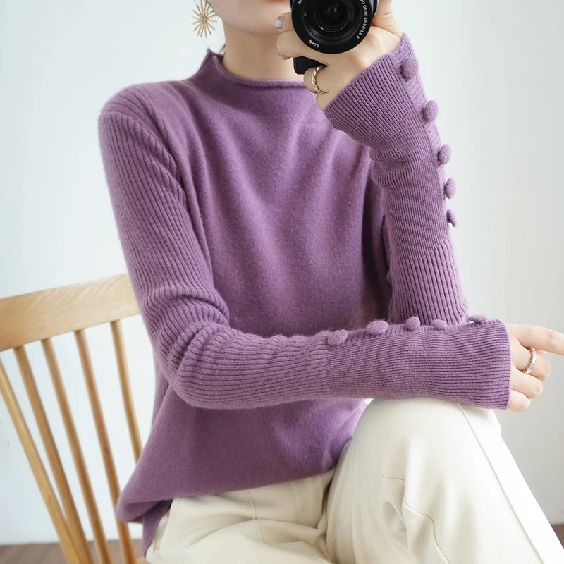 

Autumn and winter new style half high neck cashmere sweater ladies loose 100% pure wool sweater long-sleeved pullover wholesale