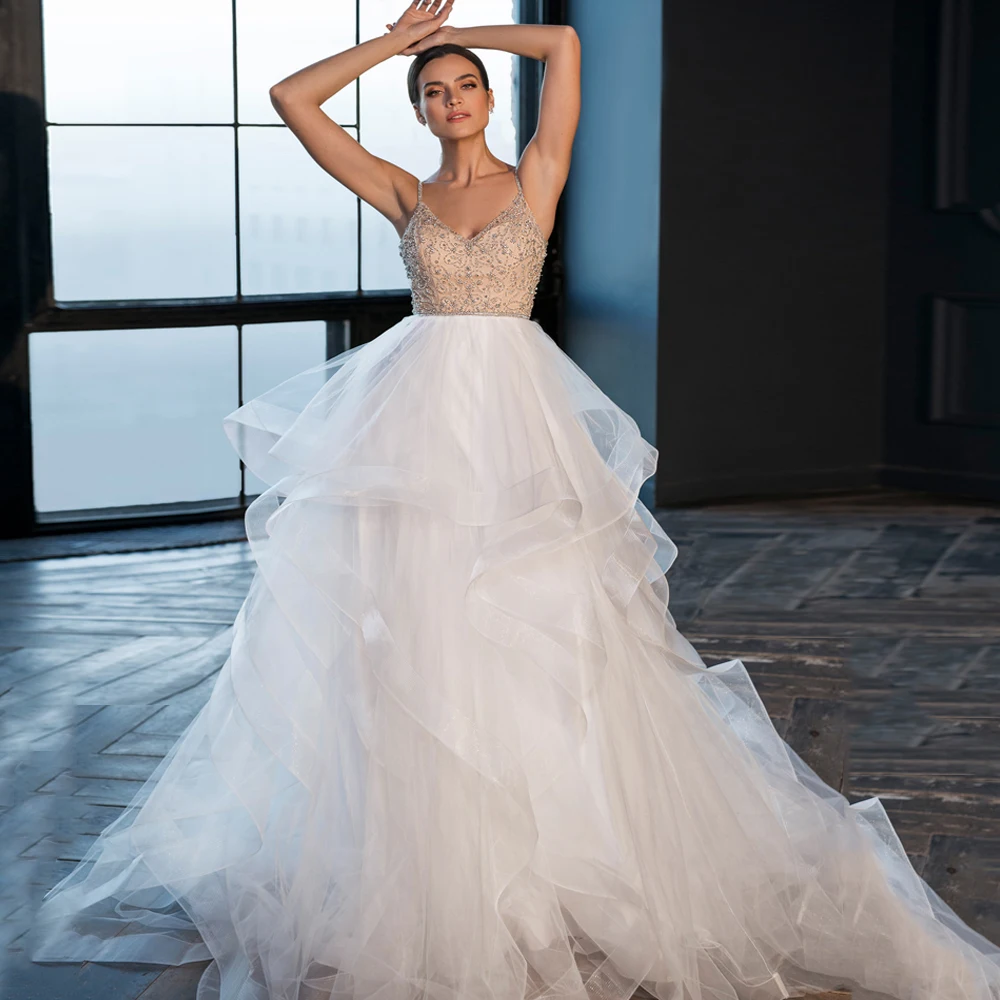 

Jiayigong Sexy Ruffles Wedding Dress Spaghetti Straps V Neck Sparkling Beading Sequined Sweep Train Backless Bridal Gown