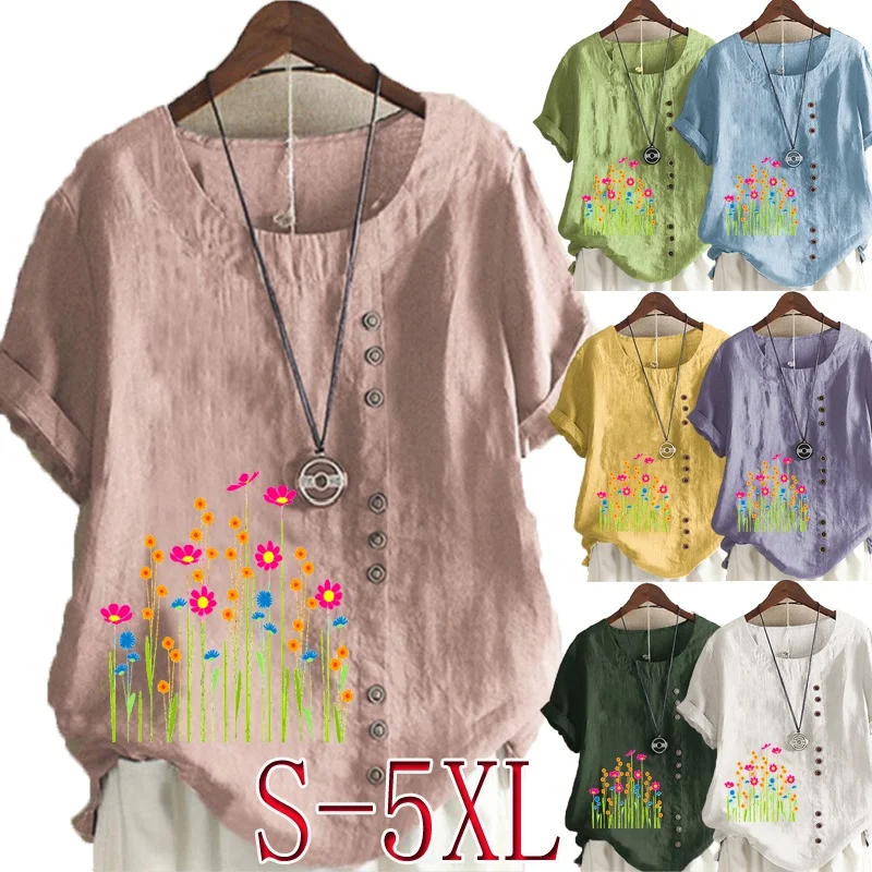 

Women's Fashion Linen Shirt flowers Printed T-shirt Summer Short Sleeve Tops O-neck Loose Blouse S-5XL