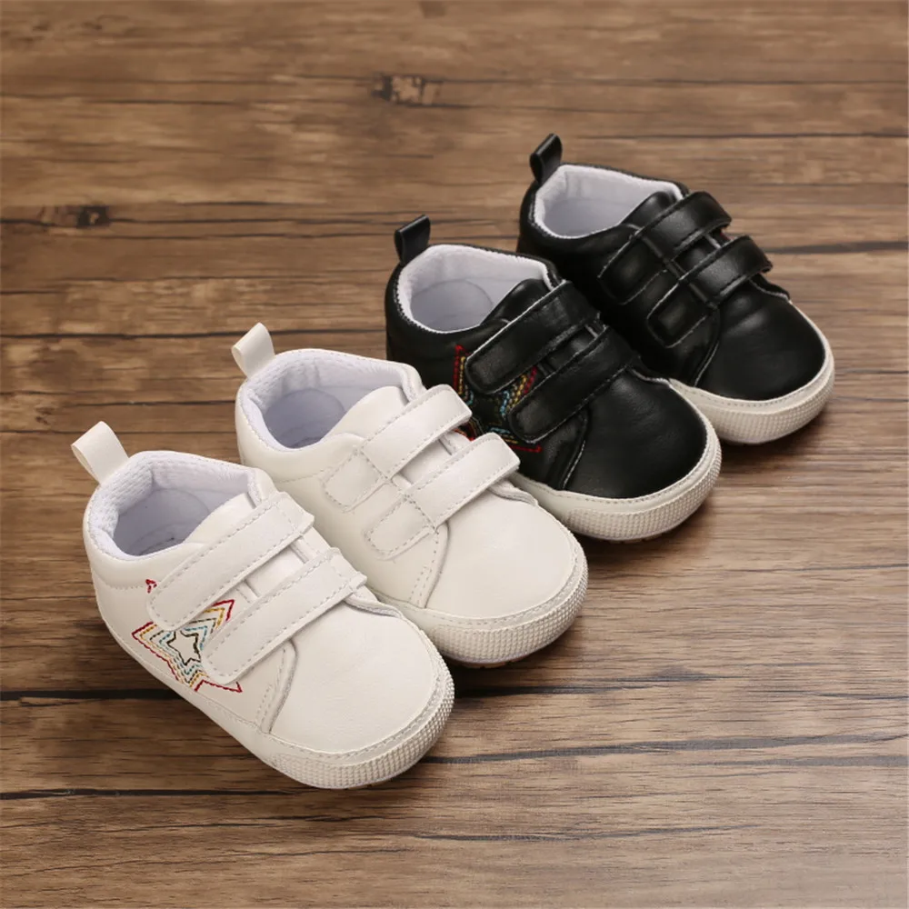 

0-12M Unisex Baby Boy Girl Anti-Slip Star Embroidery First Walkers Shoes Infants Toddlers Breathable Soft Sole Flat White/Black