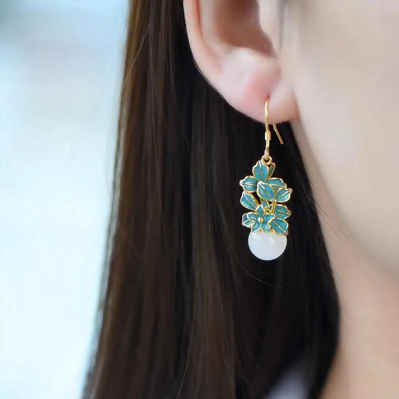 

New natural Hetian white jade plant flower earrings Chinese style retro enamel porcelain drop glue craft women's festival gift