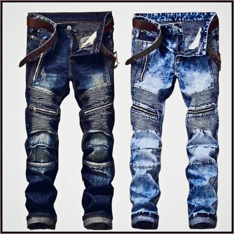 

Men's Pleated Biker Jeans Pants Slim Fit Brand Designer Motocycle Denim Trousers for Male Straight Washed Multi Zipper Pants
