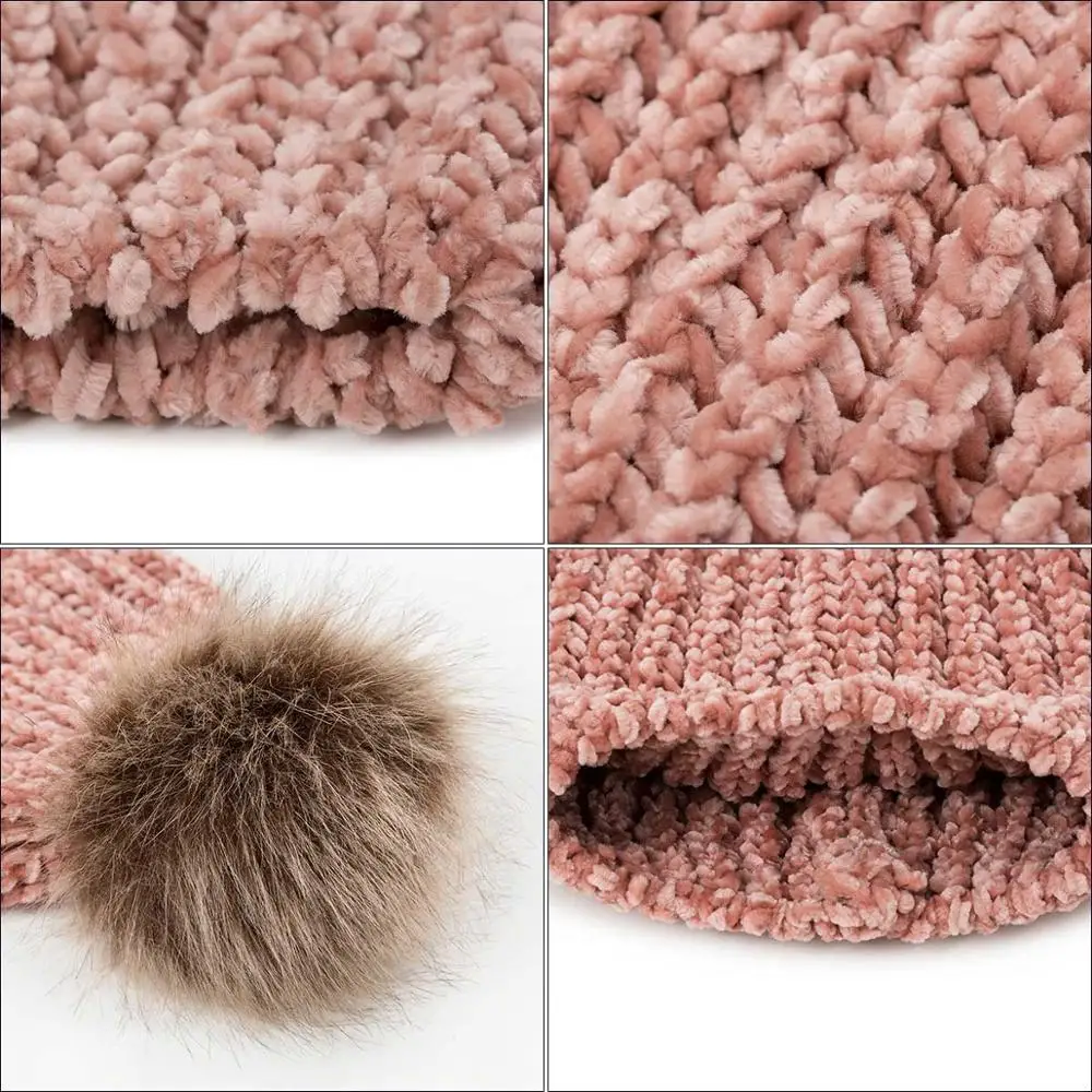 Skullies Beanies для женщин синель пом Вязанная женская зимняя шапка мягкая шапка шапки для девочек Толстая Skullies женская шапка