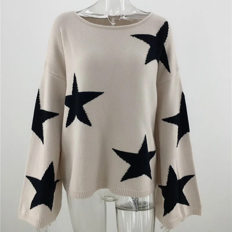 2022 Autumn Winter New Loose Stars Women Sweater Flare Sleeve Oversize Knitwear Pullovers Sweaters Casual Female Knitted Jumper | Женская