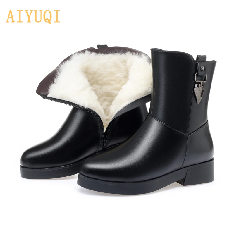 Black boots AIYUQI женские ботильоны из натуральной воловьей кожи; большие размеры 41, 42, 43; Натуральная шерсть; зимние женские ботинки на плоской подошве - Цвет: Black boots