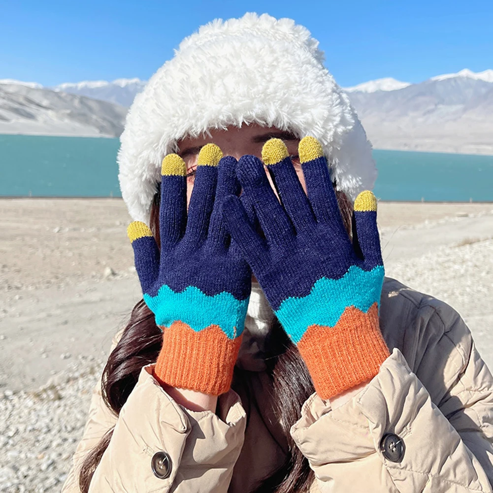 

1pair Cute Women Stretch Warm Knitted Gloves 3-Finger Touch-Screen Anti-Cold Plush Fashion Full Finger Gloves for Girls Female