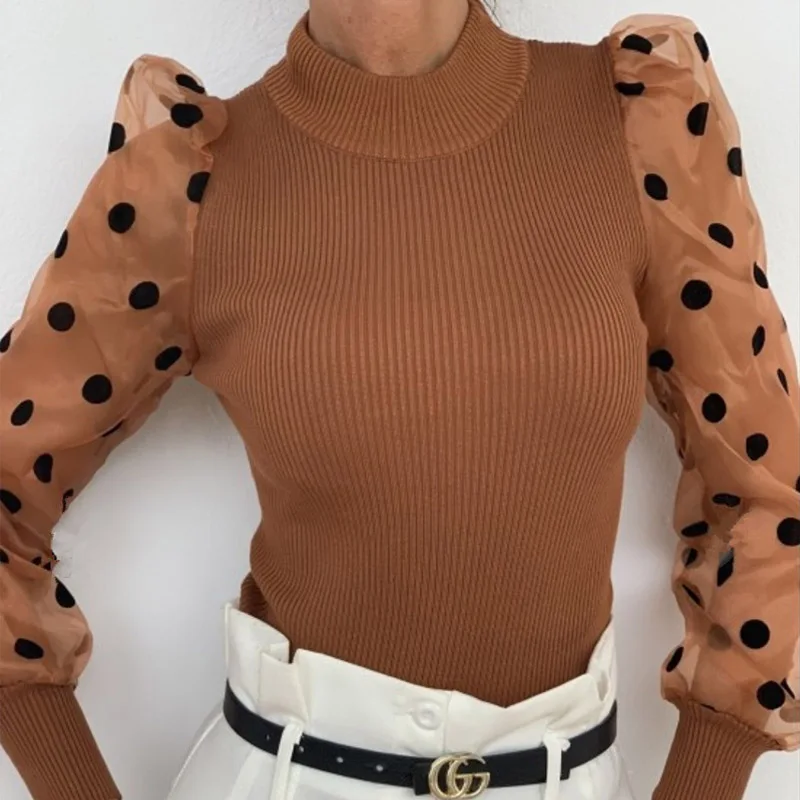 05 Polka Dot Brown Женские модные, прозрачные блузки с длинным рукавом в сеточку, сексуальные топы с рукавом-фонариком, винтажные мешковатые блузки с рукавом в горошек и круглым вырезом - Цвет: 05 Polka Dot Brown