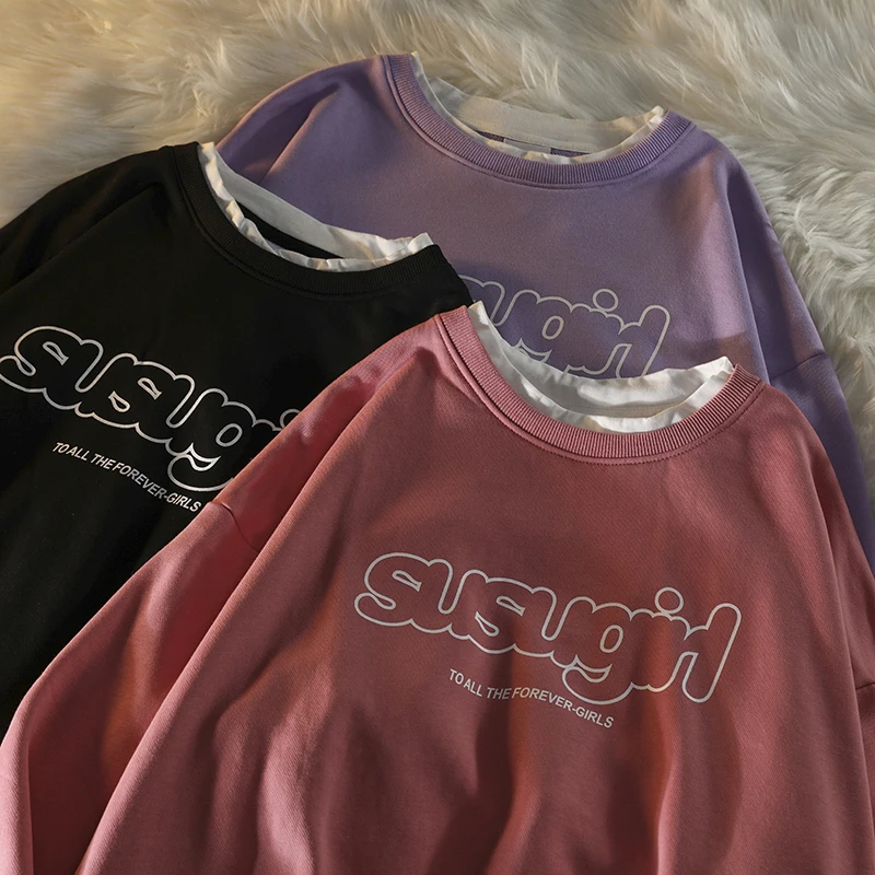 

Harajuku Spring Autumn Hoodies Letter Printing Fake Two Loose Long Sleeve Pullover Women's Oversized Sweatshirt For Students