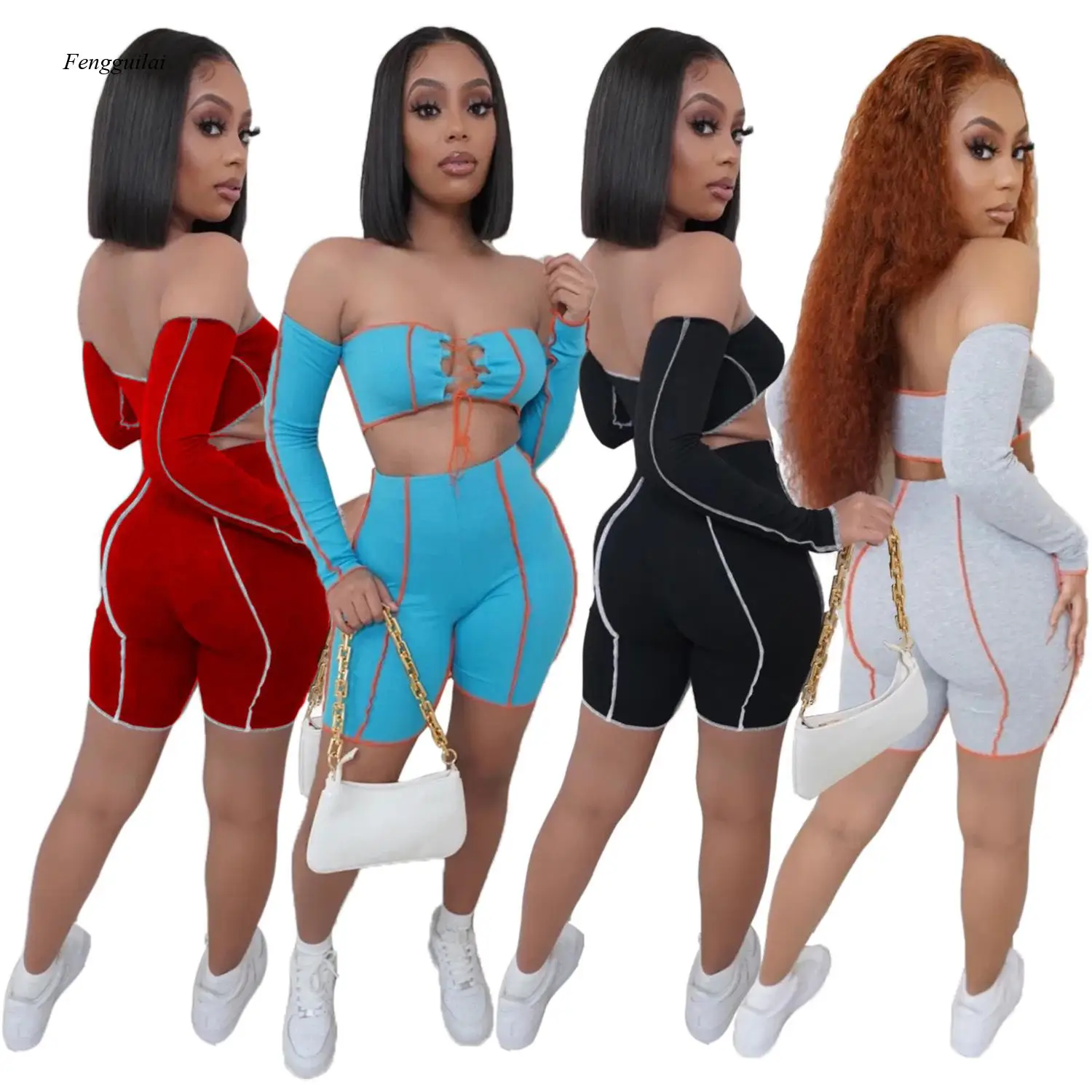 

Summer Off Shoulder Sexy Top+Biker Shorts Matching Sets Women Patchwork Bandage Backless 2 Piece Outfits Street Style Summer Set