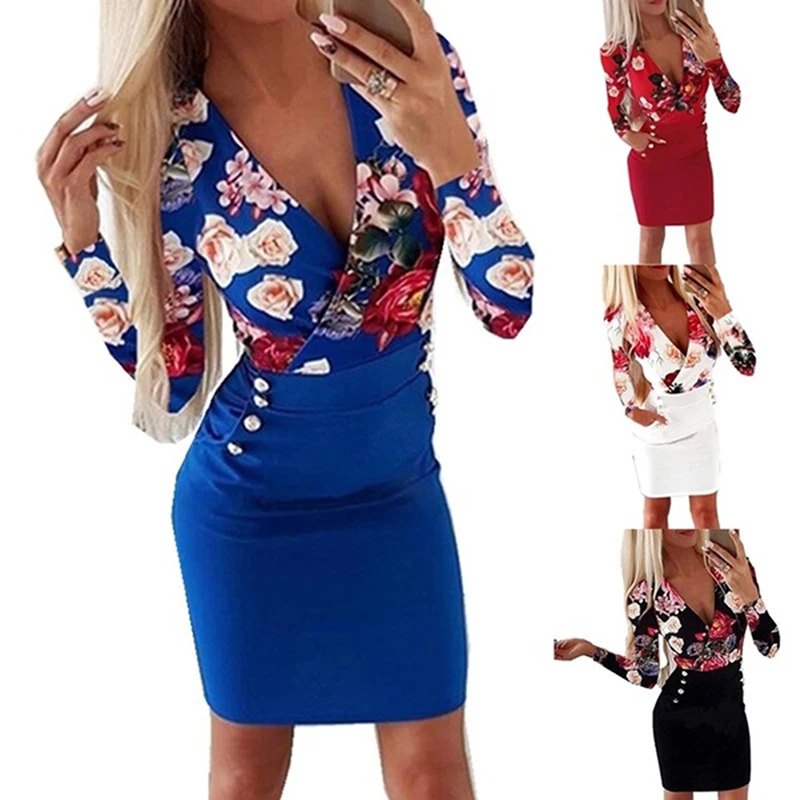 

Женское уличное облегающее платье, лоскутное дизайнерское платье на пуговицах с V-образным вырезом и длинным рукавом, женское облегающее ми...