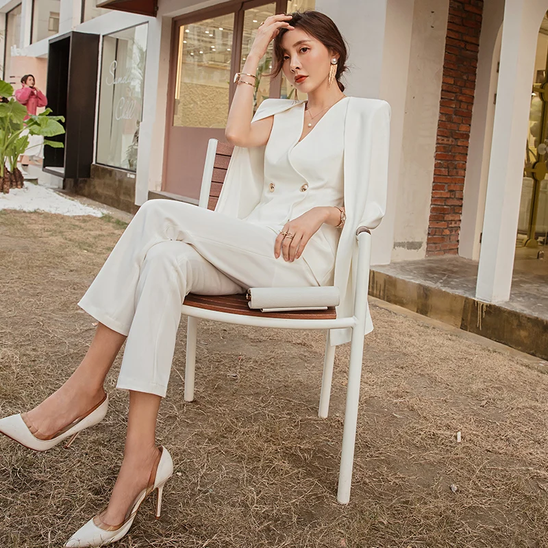 

JSXDHK Office Lady Autumn Women 2 Piece Pant Set Runway V Neck Black Shawl Cloak Sleeve Blazer + Pencil OL Full Length Pant Suit