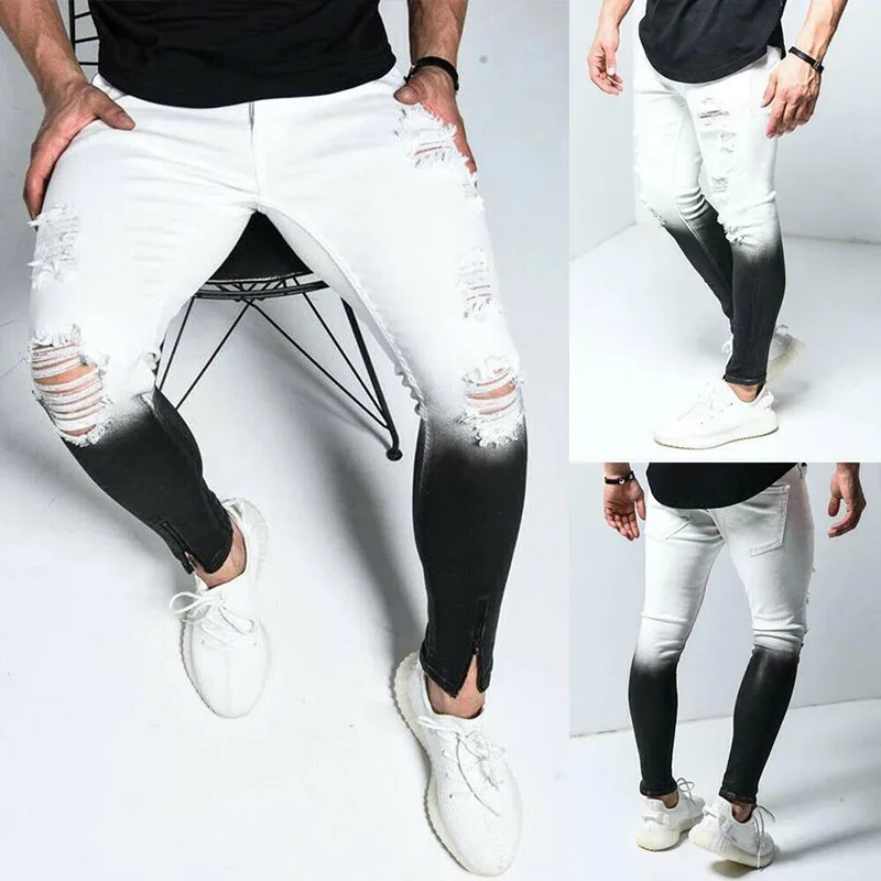 

Men Ripped Gradient Skinny Jeans Frayed Destroyed Trousers Slim Breathable Denim Pants SER88