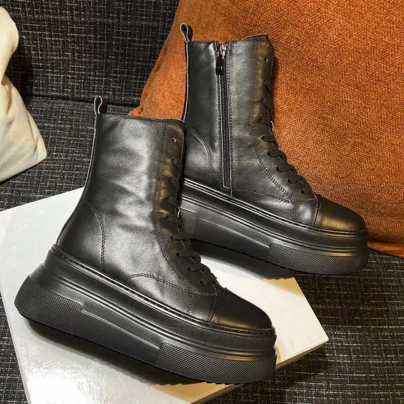 

Leather High-top Martin Boots 2022 Autumn New Round-toe Zipper Women's High-heeled Ankle Boots High-quality Winter Warm Boots