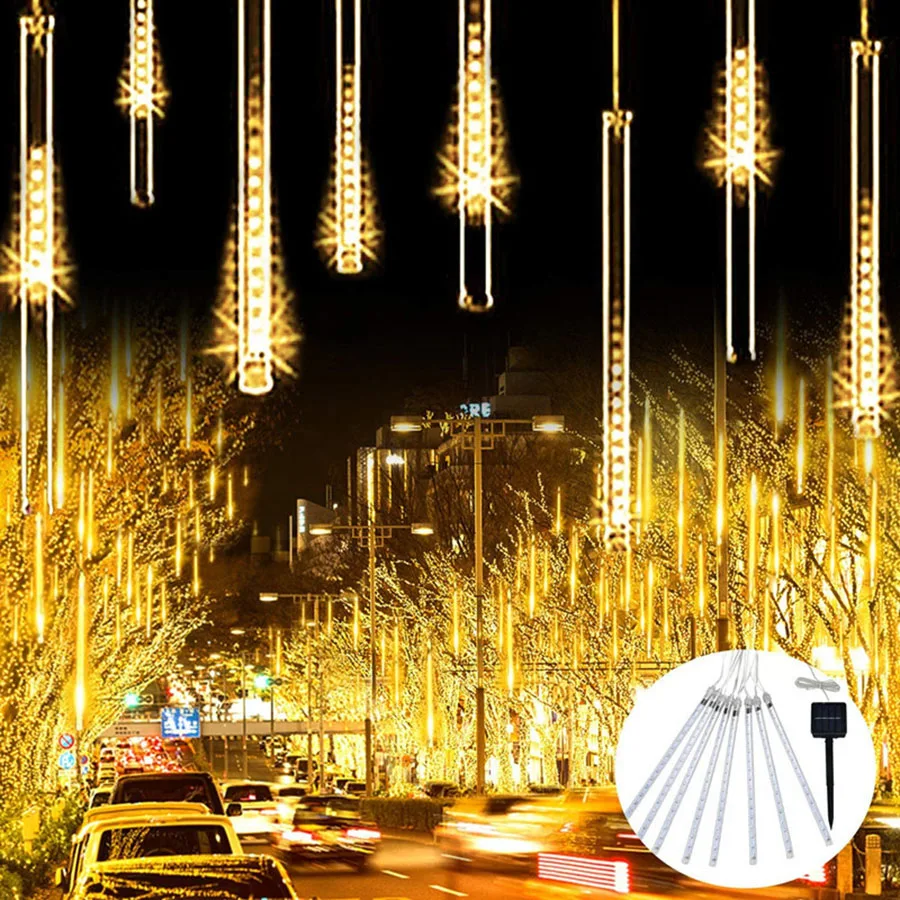 

Solar Powered Meteor Shower Rain Light Solar Falling Raindrop Fairy String Light 8 Tube Outdoor Garden Patio Tree Decor Garland