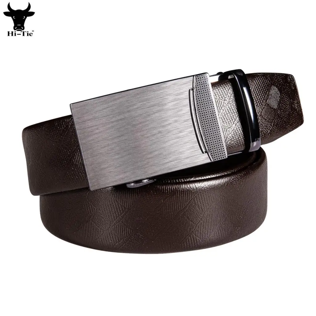 Luxury Brown Cowhide Leather Mens Belts Silver Automatic Buckles Ratchet Waist Belt Girdle for Men Casual Formal Adjustable Gift