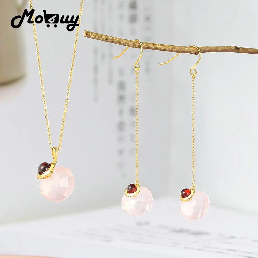 MoBuy 925 Sterling Silver Jewelry Set For Women Crystal Ball Natural Rose Quartz Garnet 14K Gold Plated Fine Jewelry V091