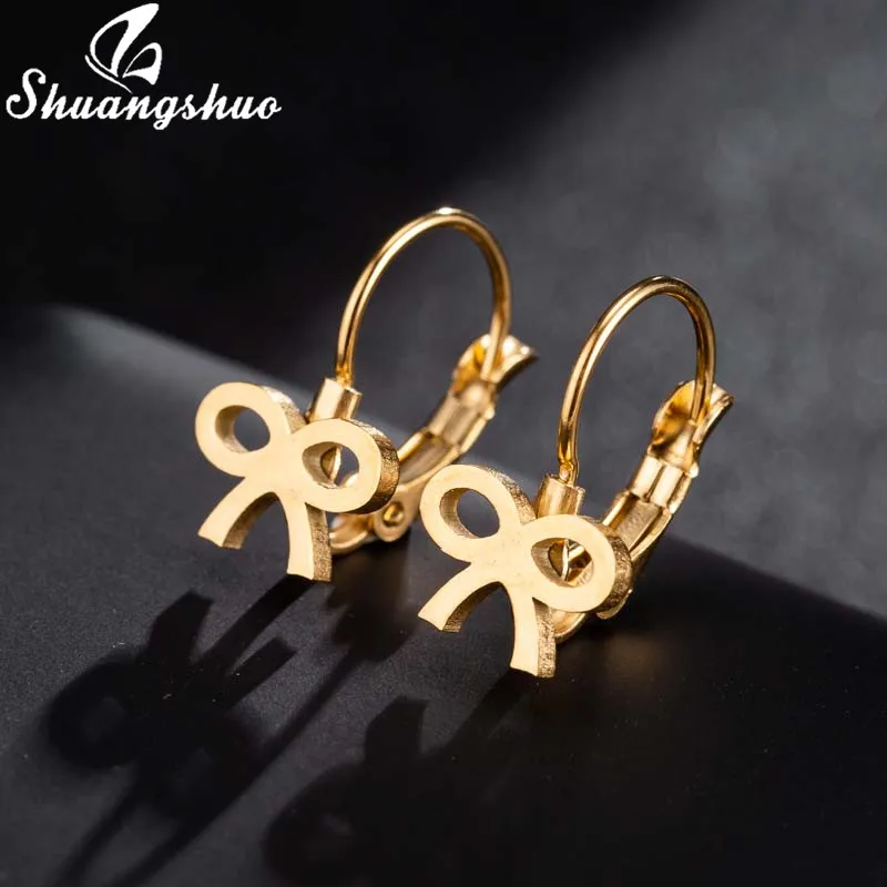 Shuangshuo Cute Tiny Bow Earrings 2019 Jewelry for Women Mini Stainless Steel Knot Stud Best Gifts Girlfriend | Украшения и