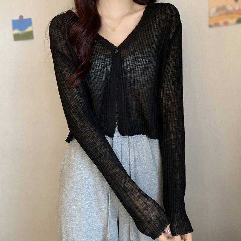 

Ultra-thin Ice Silk Cardigan Female Summer Waves Outside The Sun Taps V-neck Short Knitting Top