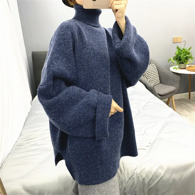 Женский вязаный пуловер с высоким воротником DEAT Свободный теплый однотонный в