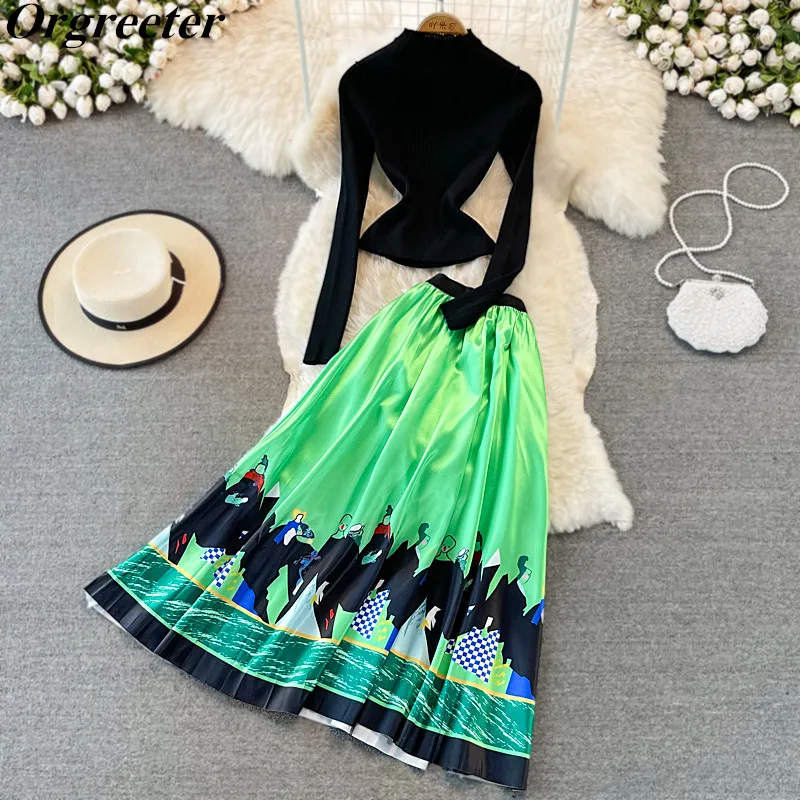 

Женский офисный комплект из двух предметов, элегантный вязаный свитер и плиссированная юбка с принтом, повседневный комплект из двух предм...