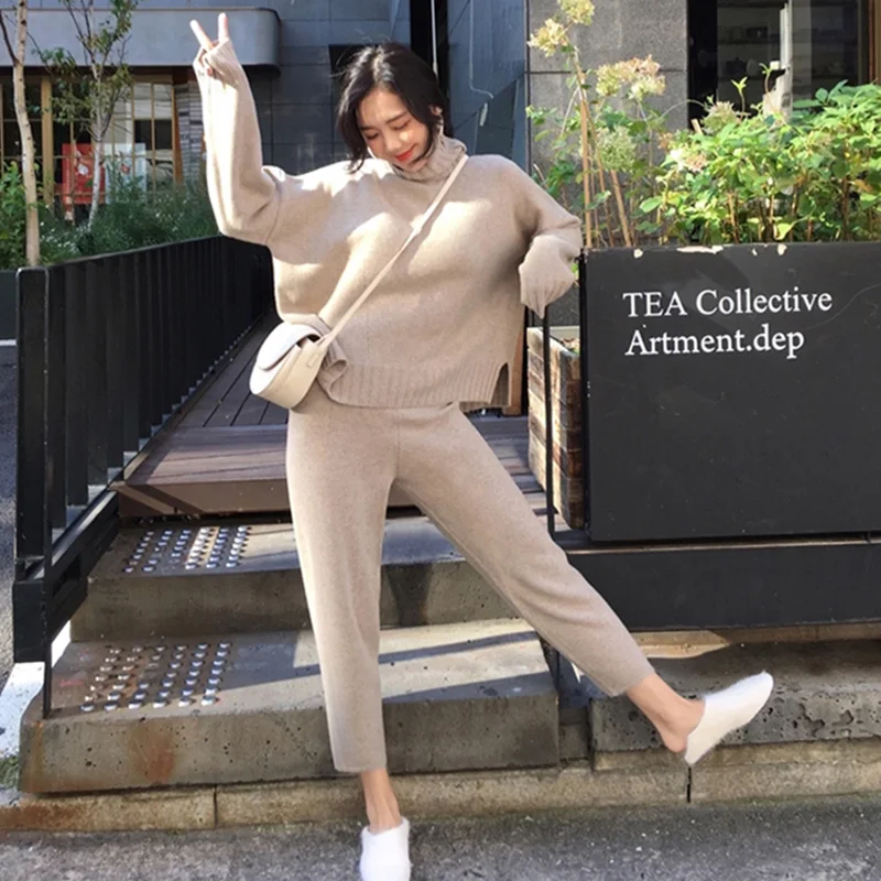 Комплект из 2 предметов зима 2019 Новый Свободный Повседневный пуловер с круглым