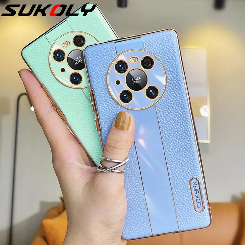 

For Huawei P50 P40 Pro Mate 40 30 Pro Nova 8 7 SE Lens Protector Airbag Shockproof Back Cover Luxury Plating Bumper Leather Case