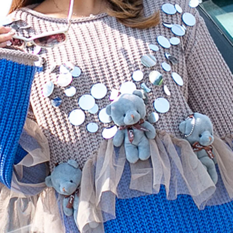 

2021 Autumn Winter News Sequins Color Matching Knit Women's Sweater Thailand Street Fashion Cartoon Tassel Loose Sweater Female