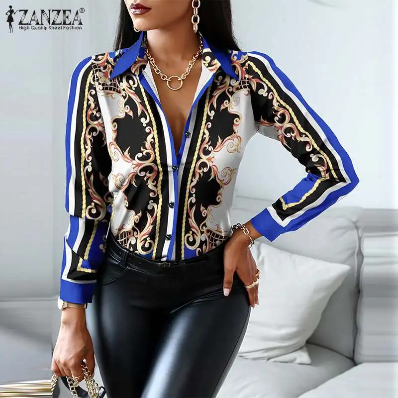 

Винтажная рубашка с отворотом ZANZEA 2022, богемная блузка с длинным рукавом и шарфом с принтом, осенние женские блузы с цветочным принтом, сексу...