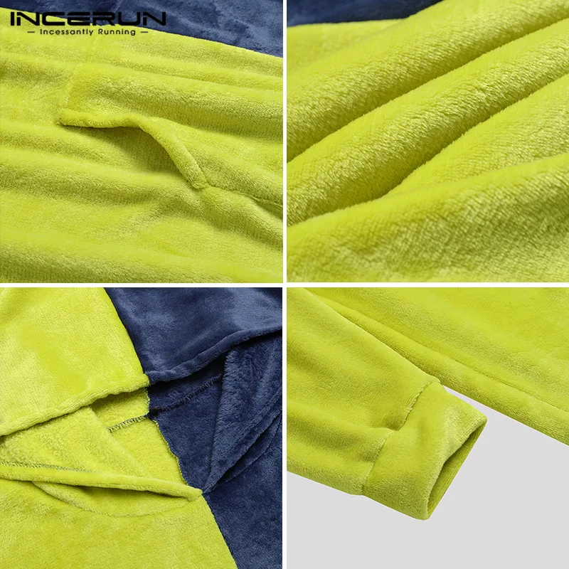 

INCERUN Mens Sleep Robes Long Sleeve Hooded Patchwork Homewear Leisure Pockets Soft Bathrobes Male Loose Cozy Nightgown Lounge