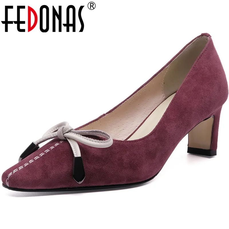

FEDONAS 2021 Spring Thick Heels Pumps Retro Suede Leather Pointed Toe Shoes Woman Heels Shallow Working Newest Shoes Woman Heels