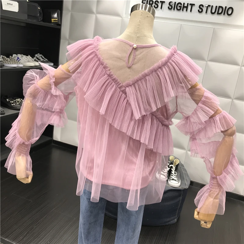 ALPHALMODA с длинным рукавом перспектива сексуальные женские осенние блузки с v-образным воротником гофрированные рукава Дамская мода шифоновый наряд рубашка