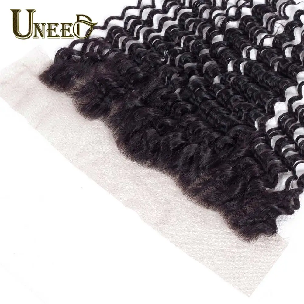 

Uneed Peruvian Deep Wave Remy Hair Weaves Bundles With 13*4 Lace Frontal 100% Human Hair 3 Bundles With Frontal Natural 1b Color