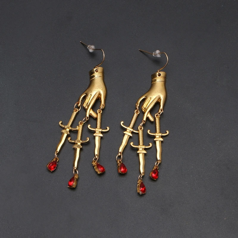 

Golden Hand Dagger Drop Earrings Gothic Witchy Hand Red Crystal Dangle Earrings
