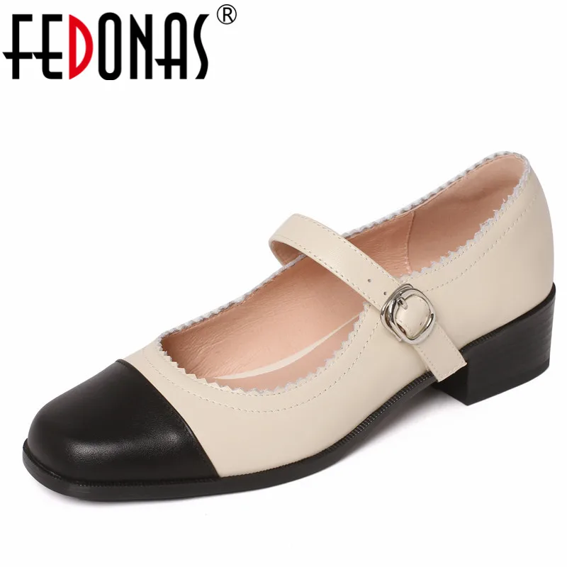 

FEDONAS Sweet Women Pumps Mary Janes High Quality Genuine Leather 2022 Spring Summer Thick Heels Casual Working Shoes Woman New