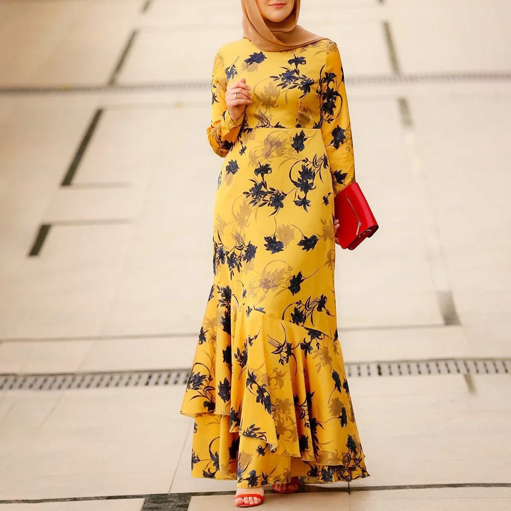 

2021 Summer New Middle Eastern Muslims Long Printing Lotus Leaf Skirt High Waist Round Neck Long Sleeve Mermaid Women's Dress