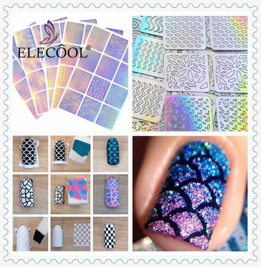 ELECOOL 24/12 шт голографический лазер полые наклейки для ногтей Фольга Роуз огонь и с